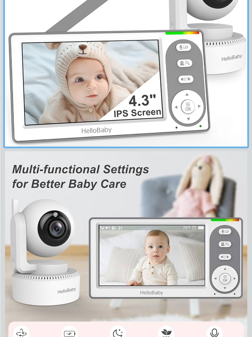 HelloBaby 4.3" Baby Monitor with Camera - White/Grey